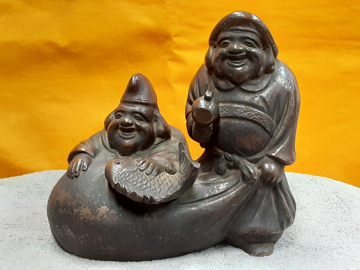 アンティーク 年季の入った大黒天.恵比寿様 一体縁起置物 備前焼(備前陶印)