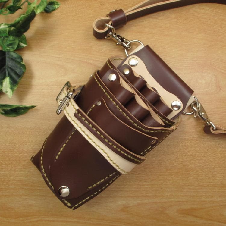 ブラウン＆ナチュラル　６丁　革ベルト付　本革シザーケース　SCL-150/CBB