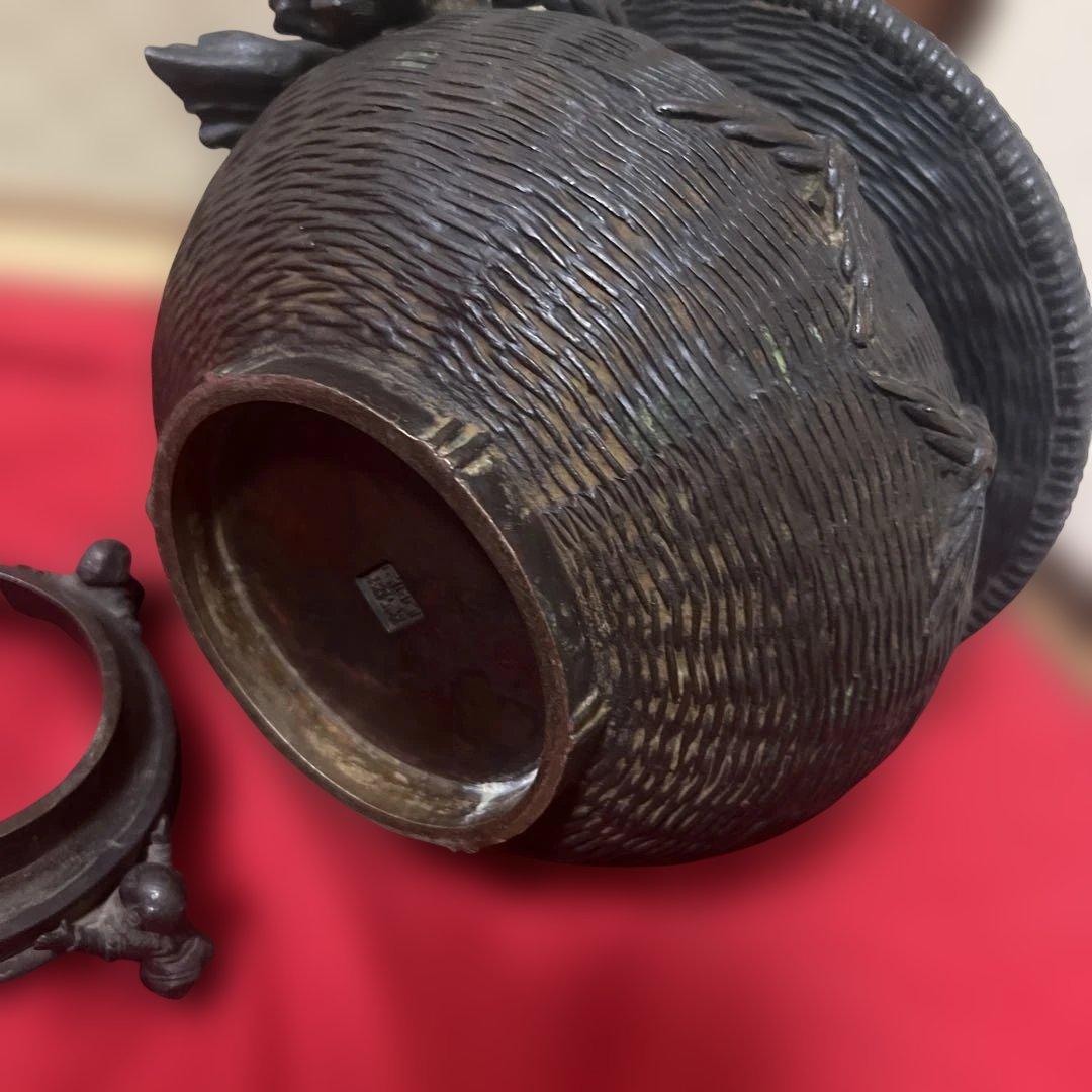 古美術　骨董品　茶道具　古銅花器　竹編紋　在銘　唐子足